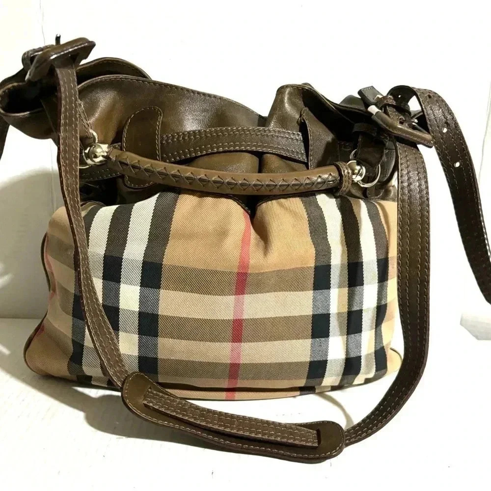Burberry brown leather house check canvas monogram handbag - Picture 2 of 11